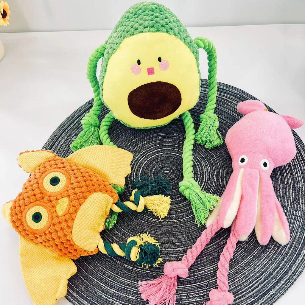 Cute Plush Dog Rope Toy – Avocado Octopus Owl Chew Toy for Puppies & Small Dogs