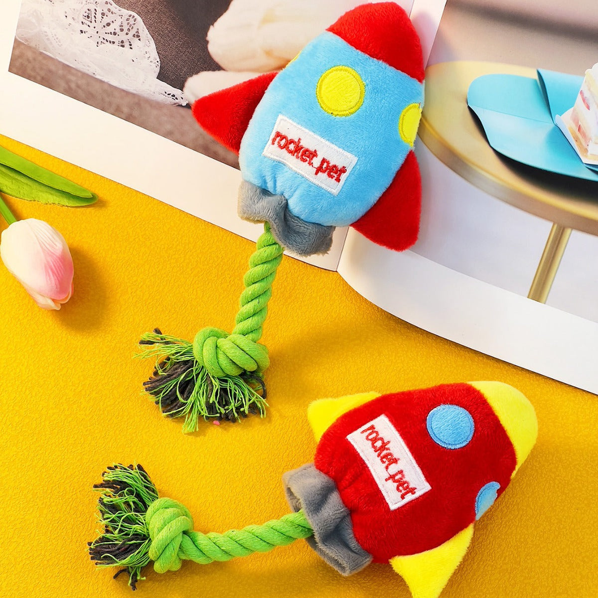 Rocket Plush Rope Dog Toy – Cute Squeaky Chew Toy for Puppies & Small Dogs
