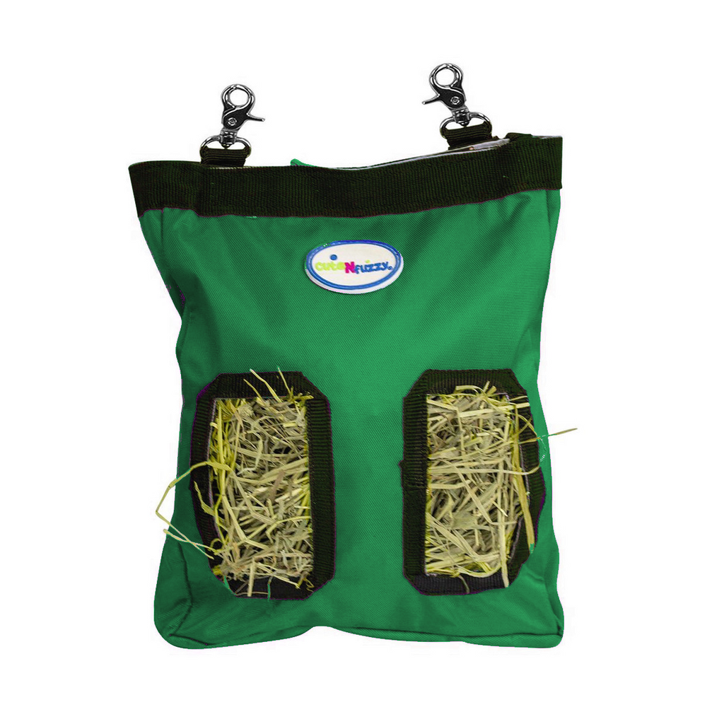 CuteNfuzzy 2-Opening Hay Bag for Rabbits, Guinea Pigs & Chinchillas, Compact Hanging Hay Feeder, 9" x 11" x 1.5", Helps Reduce Hay Waste & Cage Mess, 6-Month Warranty